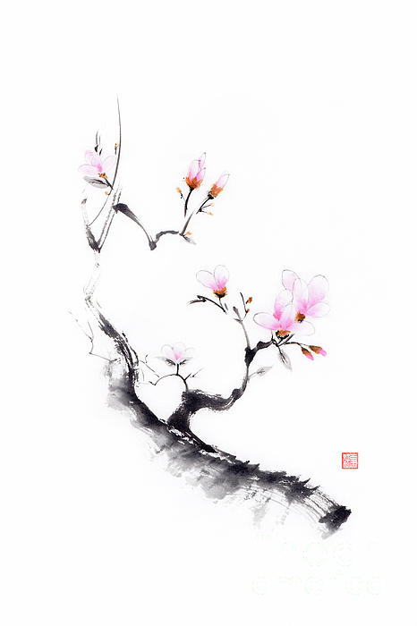 Japanese Sumi-e Style Spring Sakura Cherry Blossom Butterfly Shower Curtain Set 