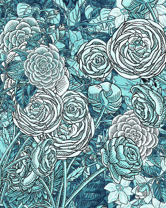 Irina Sztukowski - Teal Blue Watercolor Botanical Flowers Garden Pattern Flowerbed V