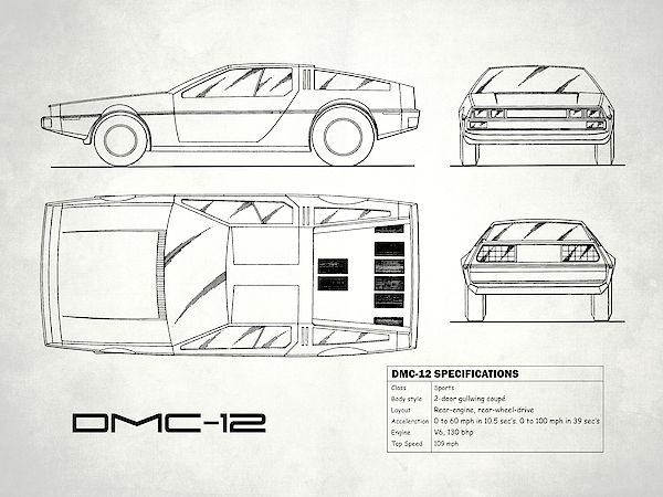 Tribute Art Work Print Of  DeLorean DMC-12 Back To The Future Blueprint 