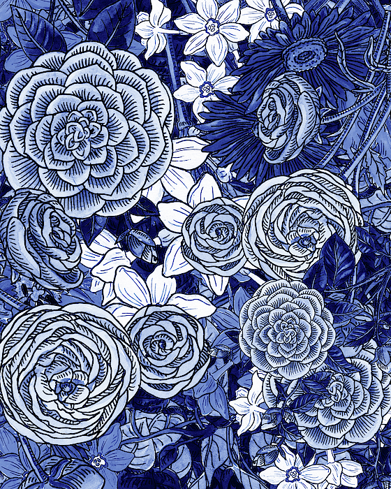 Irina Sztukowski - Ultramarine Blue Watercolor Botanical Flowers Garden Pattern IV