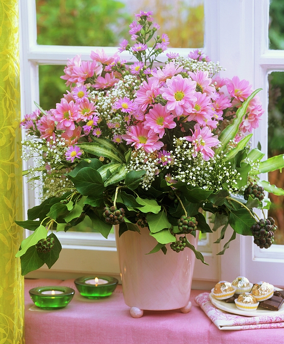 Vase Of Chrysanthemums, Michaelmas Daisies And Gypsophila Greeting