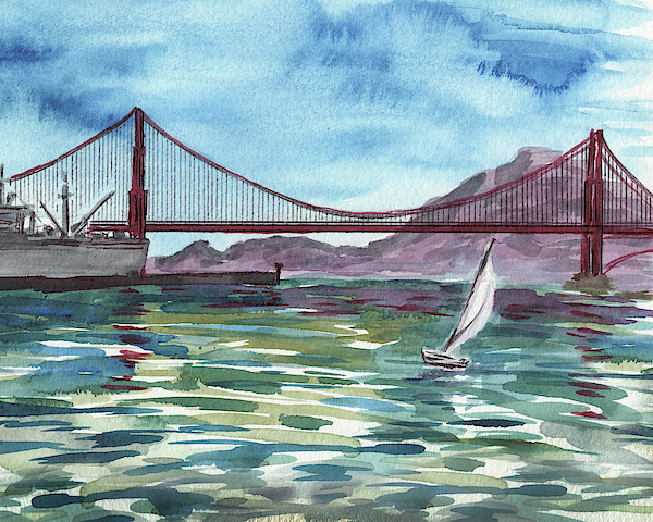 Irina Sztukowski - Watercolor Of San Francisco Bay And Golden Gate Bridge