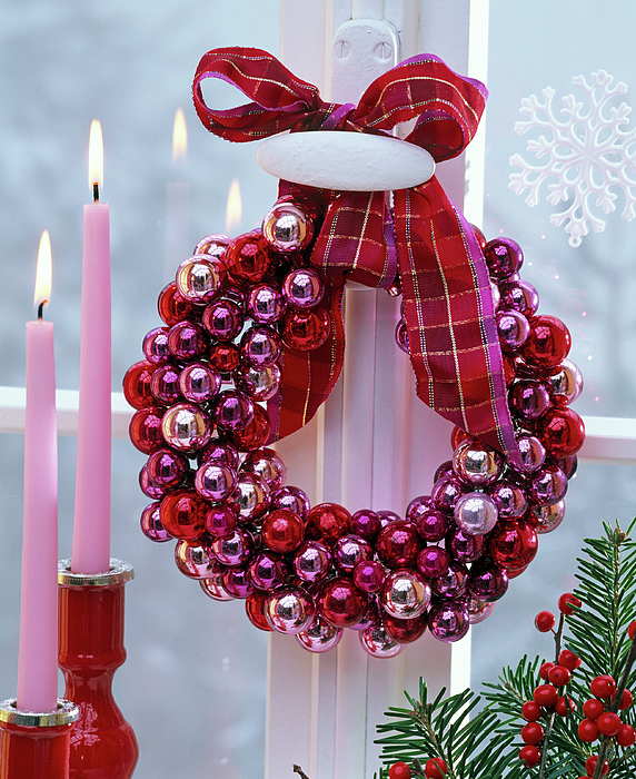 Wreath Of Small Red, Pink And Purple Christmas Tree Balls On Window Handle  Greeting Card by Friedrich Strauss