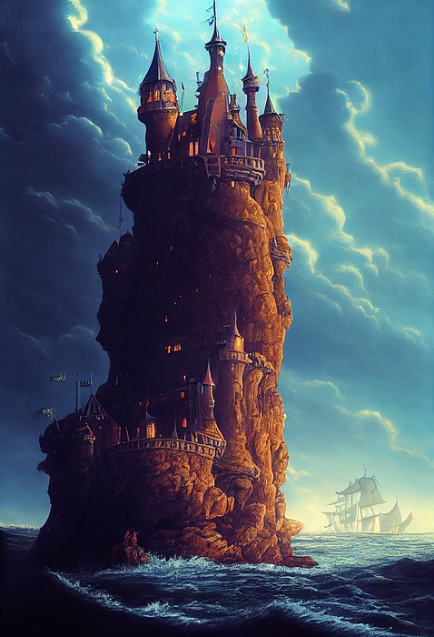 A Majestic Fantasy Castle On A Rock In A Stormy Sea Pirates Skeletons ...