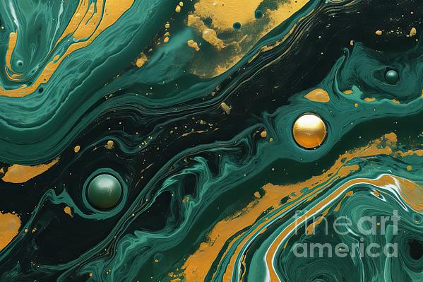 Abstract Acrylic Marble Paint Pattern Texture #1 - Blue, Gold Art Print