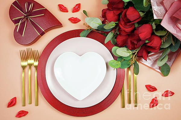 Red roses, petals, lollipops and chocolates creative composition layout.  Photograph by Milleflore Images - Pixels