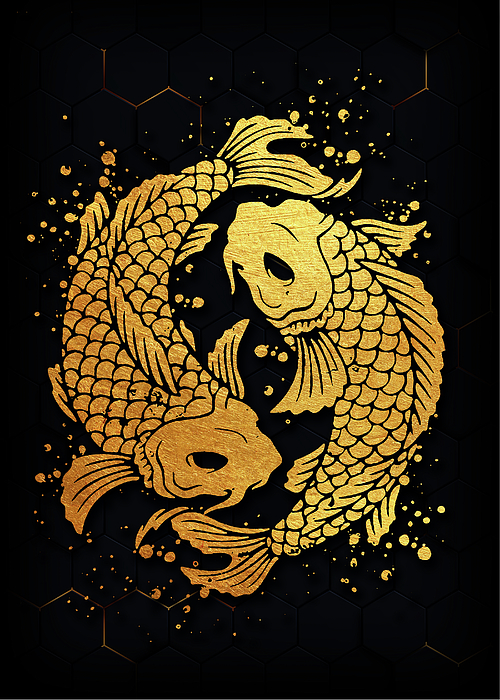 Chinese Lucky Symbols and Koi Fish Black and Gold Wrapping Paper
