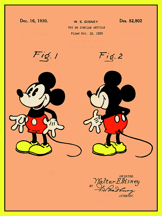 1930 Walt Disney Colorized Mickey Mouse Pop Art Patent Print