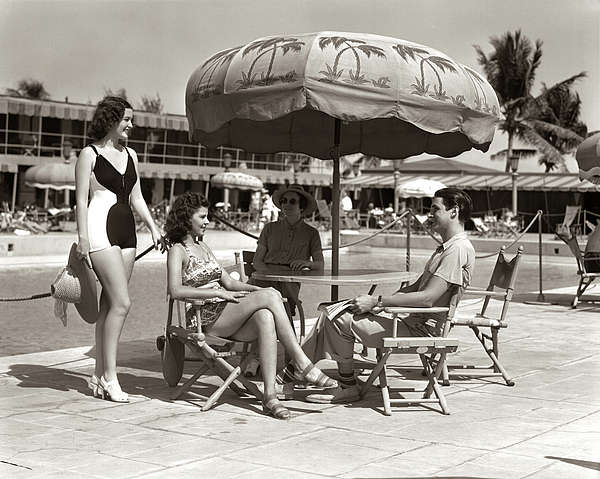 1930s 1940s 3 Women Bathing Single Man Casual Clothes Sitting Talking Under Pool Side by Panoramic Images - Pixels