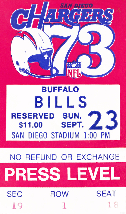 1973 San Diego Chargers vs. Bills Ticket T-Shirt by Row One Brand - Fine  Art America