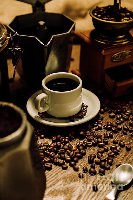 Cup and Coffee Pot with Coffee on White Table Stock Image - Image