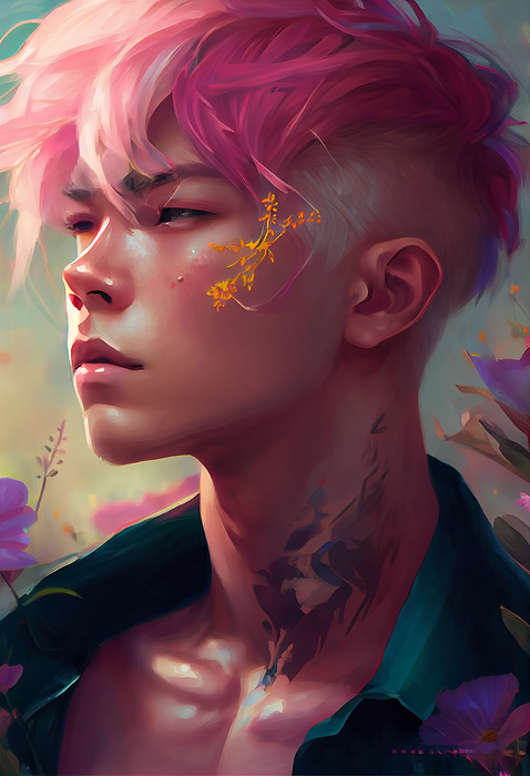 pink haired bts jimin muted colors colorful flo by Asar Studios