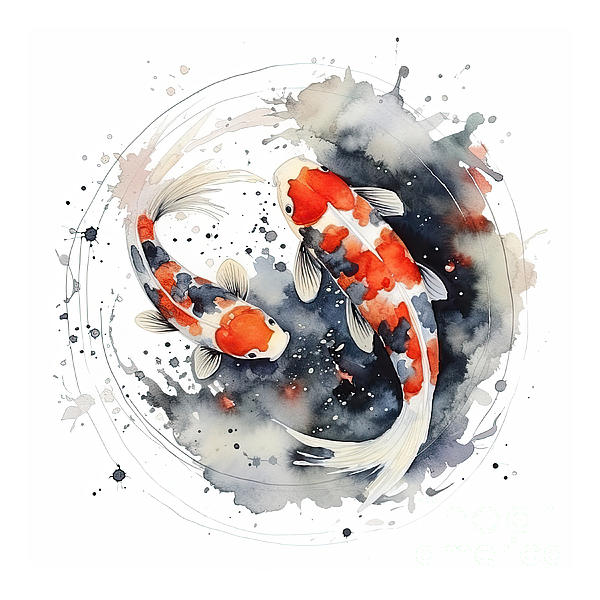 Jane Rix - Two beautiful Japanese koi fish in traditional sumi-e 