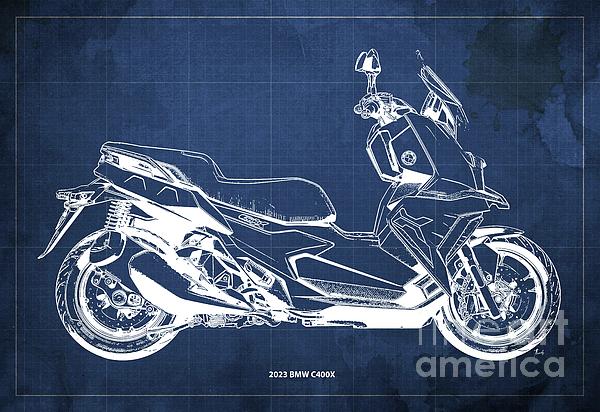 2023 BMW C400X Blueprint,Blue Background,Drawspots,Gift Ideas for Bikers  Sticker by Drawspots Illustrations - Fine Art America