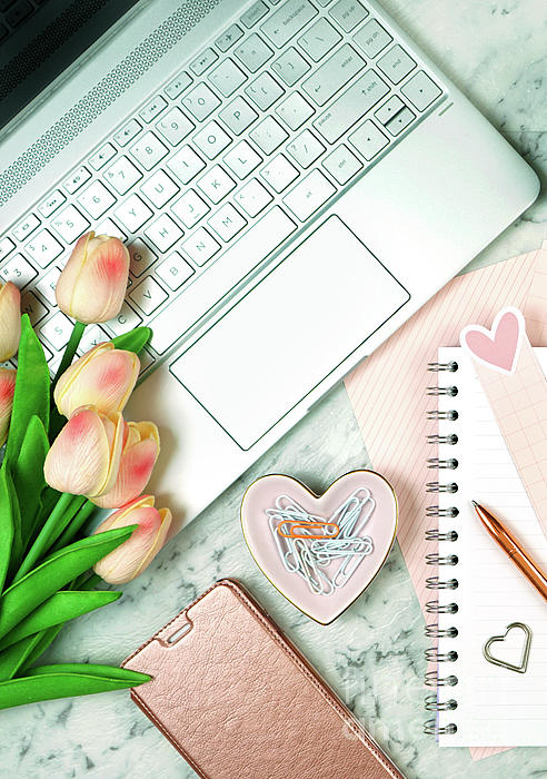 Feminine desk with modern touch screen laptop rose accessories Sticker by Milleflore Images - Fine Art America