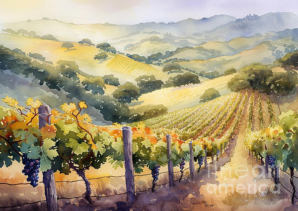 Eldre Delvie - Picturesque Vineyard Valley Rows of lush grapevines climbing the slopes of a sun-kissed valley