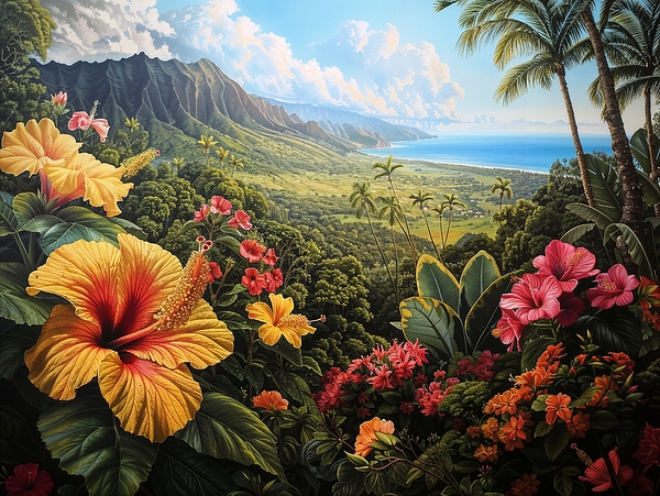Black Papaver - Hawaiian inspired landscape showcasing iconic Hawaiian flowers