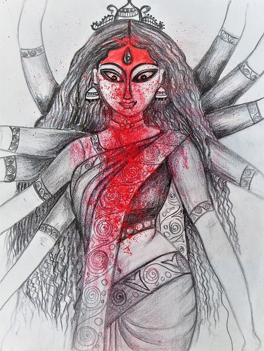 Image of Sketch Of Goddess Durga Matha Or Chamundi Closeup Face Editable  Outline Illustration-ZB590445-Picxy