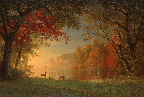 Albert Bierstadt - Indian Sunset, Deer by a Lake 1880s