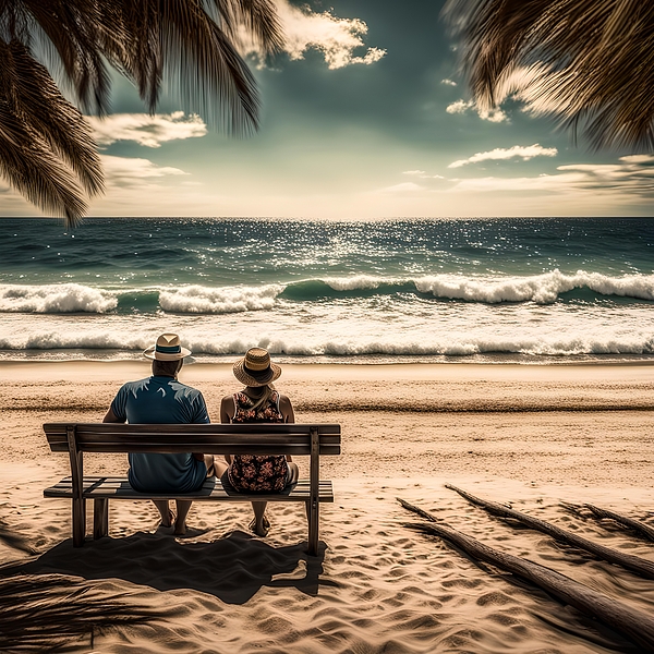 Marvin Anthony Designs - A Couple Sitting On A Wooden Bench Looking Out Over A Sunlit Ocean 