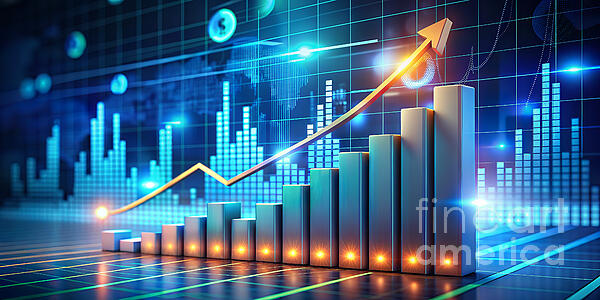 Odon Czintos - A digital 3D rendering showcases a rising bar graph with a glowing arrow indicating an upward 