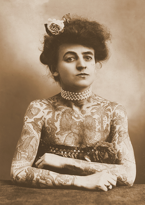 David Hinds - A Rare Tattooed Woman - Circa 1907 - Sepia