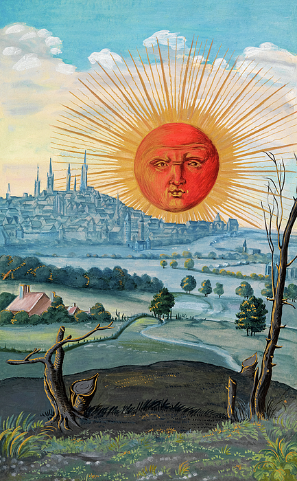 A Red-Faced Sun Rises Above a City, from Splendor Solis Yoga Mat