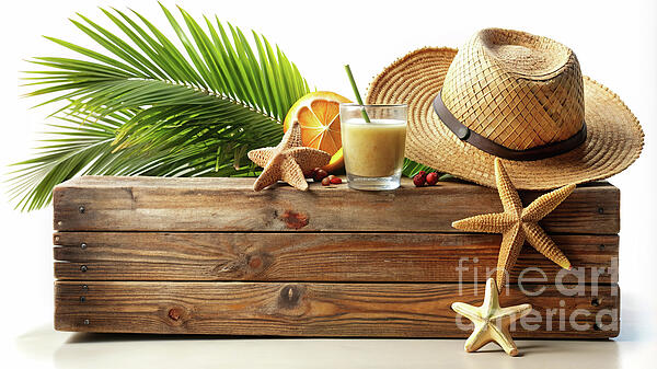 Odon Czintos - A straw hat, a glass of cold beverage with a straw, and a slice of orange are placed on a wooden 