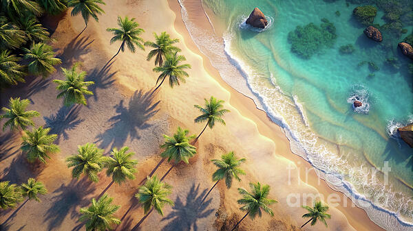 Odon Czintos - A tropical beach scene is captured from an aerial view, showcasing a shoreline dotted with palm