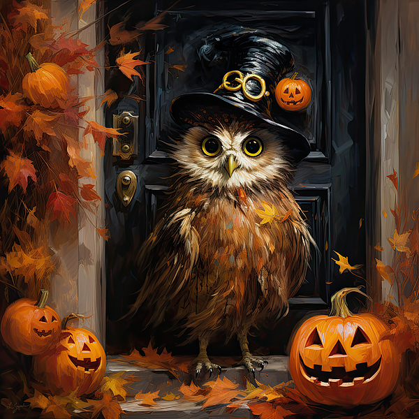 A Whimsical Halloween Owl Bath Towel by Lourry Legarde Fine Art