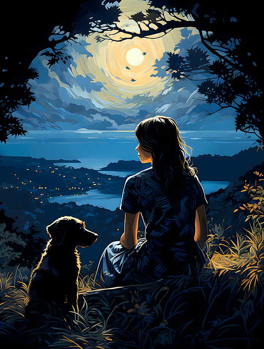 Lozzerly Designs - A Woman, Her Dog and A Moonlit Bay