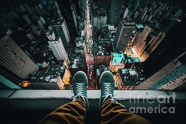 Man looking through window at cityscape stock photo - OFFSET