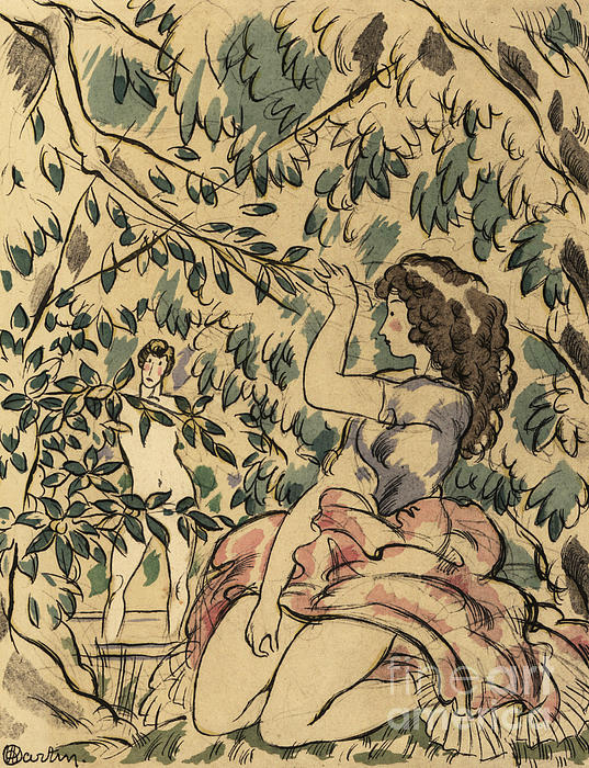 A young woman watches a naked man bathing in a stream Tapestry by Charles Martin photo pic image