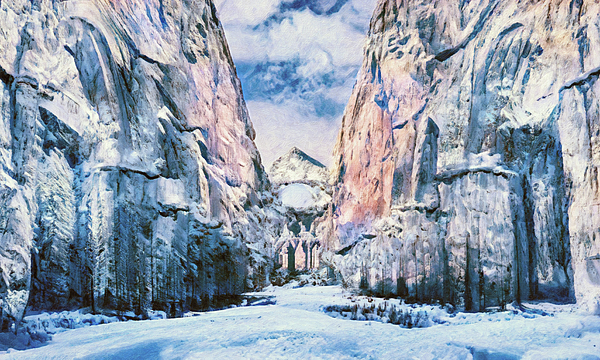 Ermes Sangiorgi - Oil painting of snowy landscape. Winter fantasy illustration of a canyon with abandoned architecture
