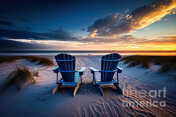 Delphimages Photo Creations - Adirondack beach chairs, summer sunset