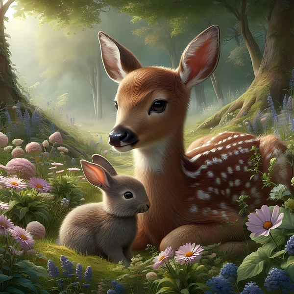Karen A Wise - AI -Fawn and Baby Bunny