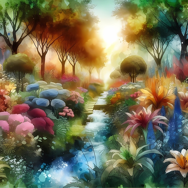 Karen A Wise - AI - Flower Garden with Stream in Alcohol Ink