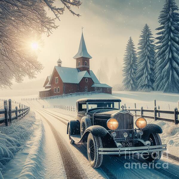 AI-generated image of vintage car on snowy road Sticker