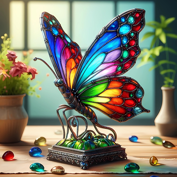 Karen A Wise - AI - Stained Glass Butterfly Sculpture