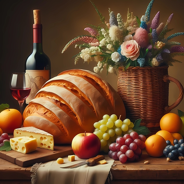 Karen A Wise - AI - Still Life of Bread, Cheese, Wine, Fruit and Flowers