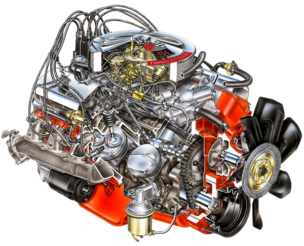 American muscle car 454 big block V8 450 hp turbo jet engine. Cutaway ...