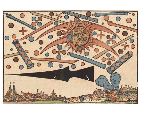 UFOs in Ancient Art. Battle Over Nuremberg or 1561 Celestial Phenomenon  Over Nuremberg. Tapestry