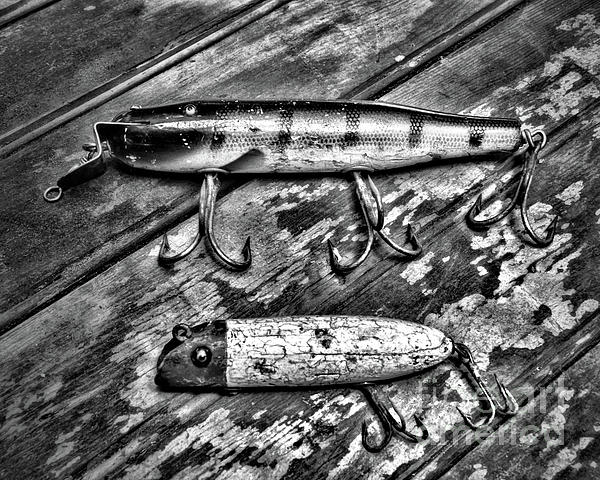 Antique Wood Fishing Lures black and white Ornament by Paul Ward