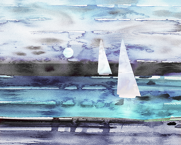 Irina Sztukowski - Aqua Blue Teal Sailboat At The Ocean Shore Seascape Painting Beach House Watercolor IV