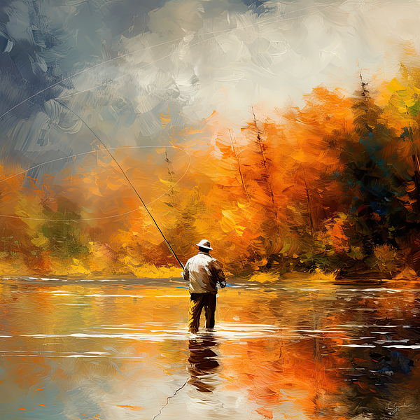 Autumn Angler - A Vibrant Impressionist Painting of a Man Fly Fishing on a  Lake Tapestry