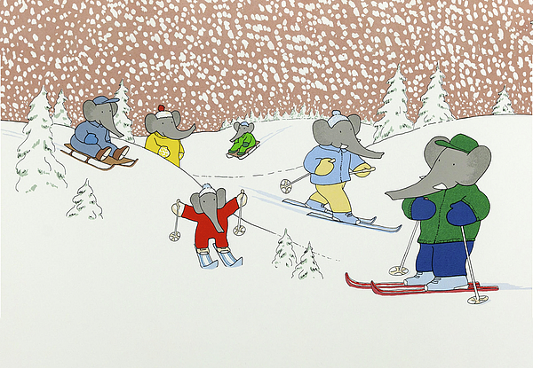 Babar goes skiing Round Beach Towel by The Gallery - Pixels Merch