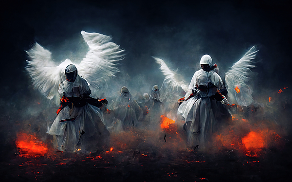 Battle Angels fighting in Heaven and Hell 01 Greeting Card by Matthias ...