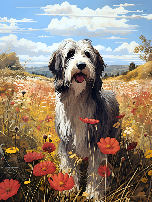 Lozzerly Designs - Bearded Collie Amidst The Wildflowers