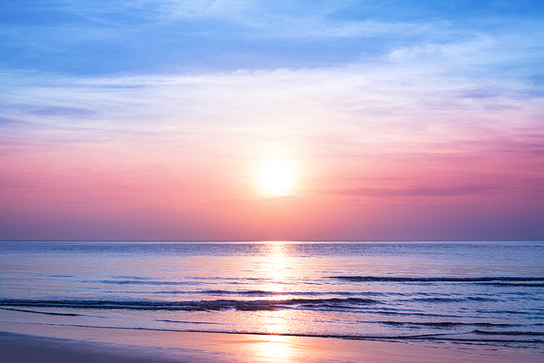 Beautiful morning sunrise, blue sea, pink sky, white clouds, yellow sun  glow, golden reflection on water, peaceful landscape, quiet sunset on ocean  beach, dawn seascape, Thailand, Koh Samui island Fleece Blanket by