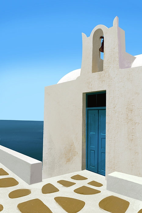 Bell house by the sea - Santorini, Greece - Minimalist Travel Painting -  Coastal Aesthetic Coffee Mug by Cosmic Soup - Pixels